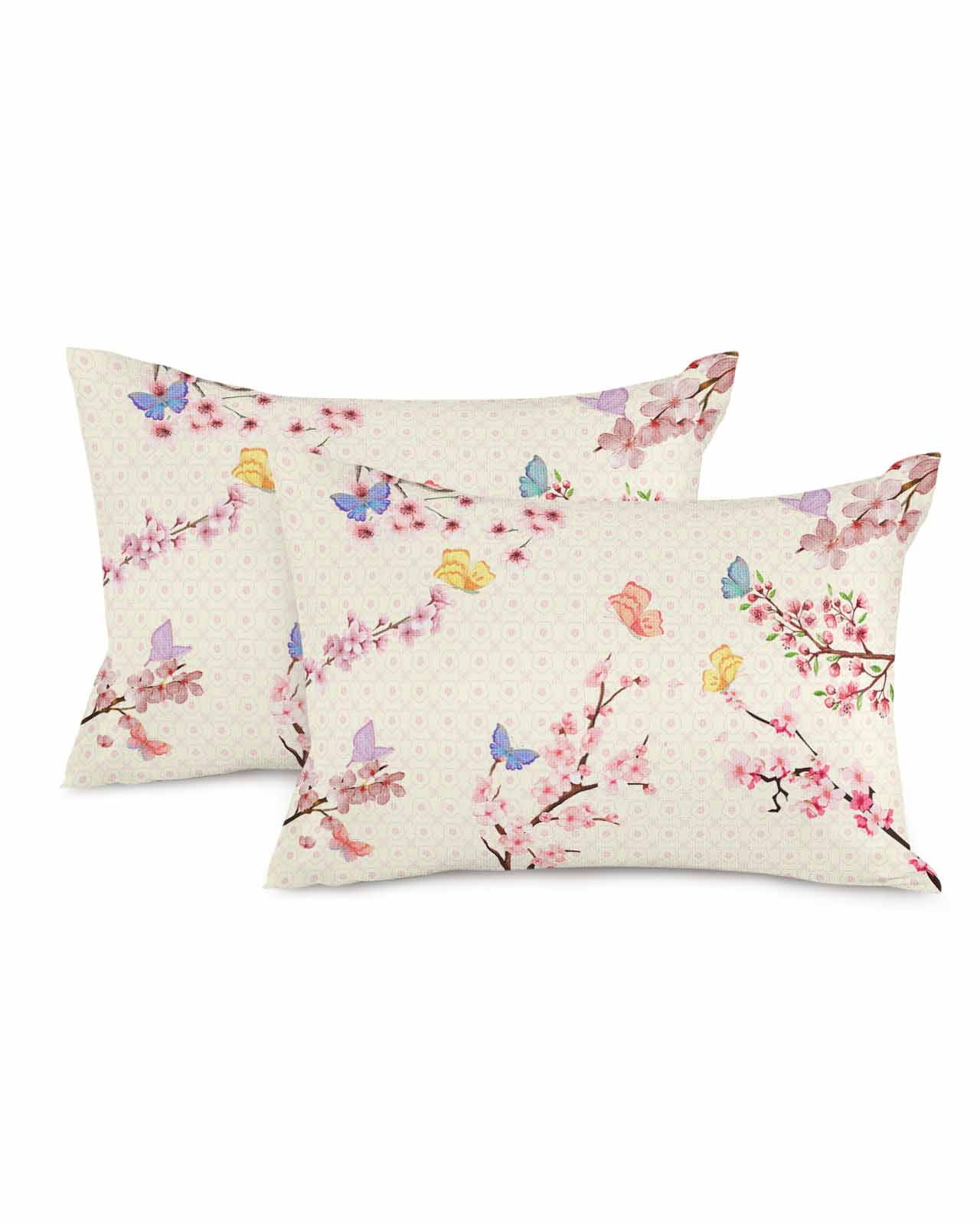 Pillow Covers Set of 2 Pink Cherry Butterfly Linen Burlap Pillowcase Plum Bossom Decorative Throw Pillow Cover for Sofa Couch Bed 12 x 20 Inch