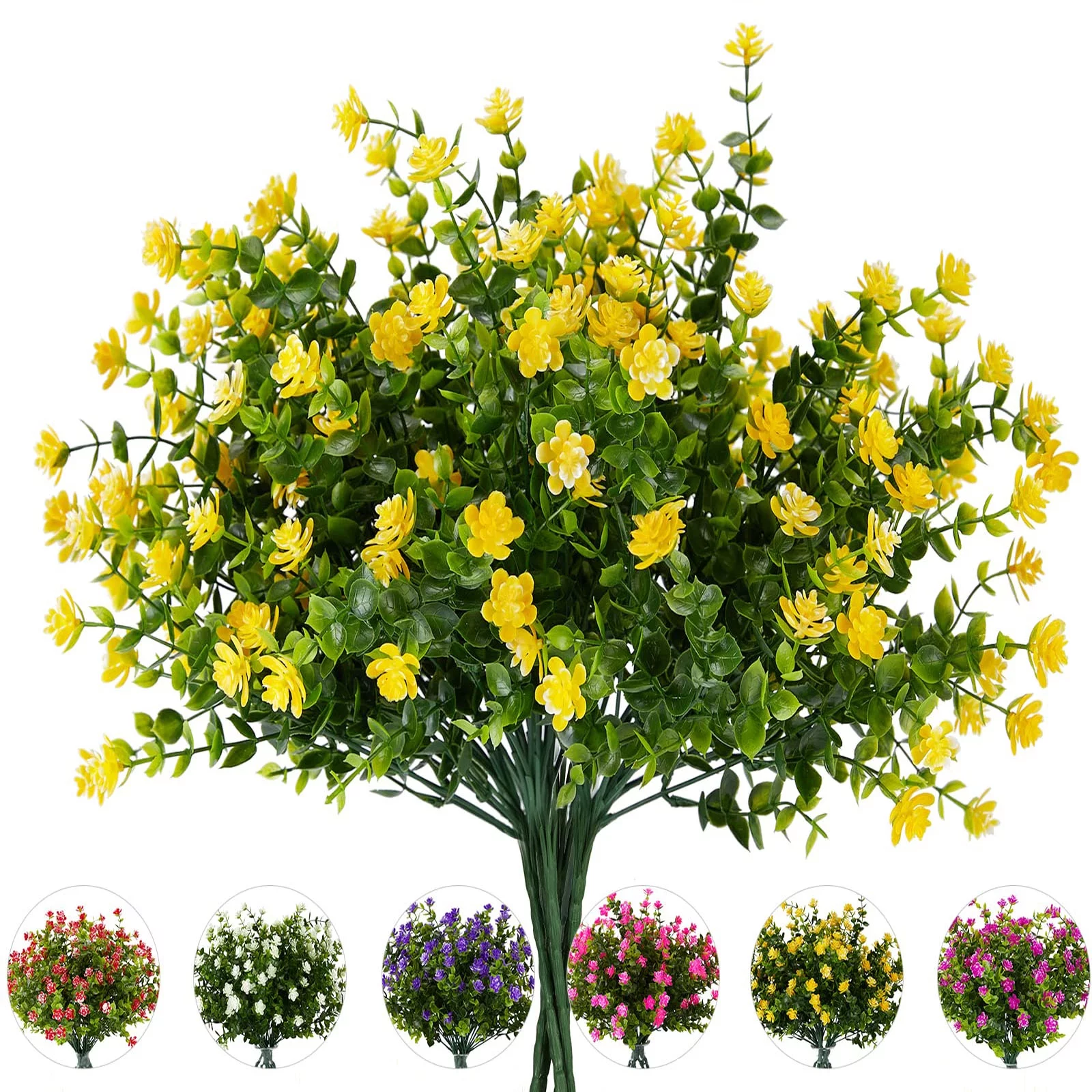 8 Bundles Artificial Flowers Outdoor Fake Flowers ,UV Resistant Faux Plastic Greenery Shrubs Plants for Indoor Outside Hanging Garden Porch Window Box Spring Summer Decorations(Yellow)