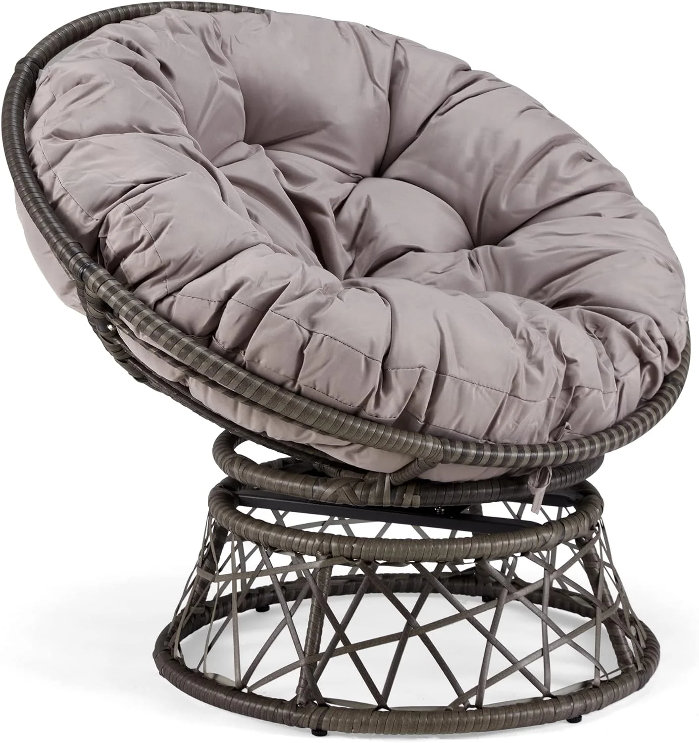 KROFEM Comfy Rattan Wicker Papasan Circle Chair, Living Room Chair, 360 Swivel Saucer Ideal for Patio, Bedroom, Living Room, Indoor and Outdoor, Grey Frame with Light Grey Cushion