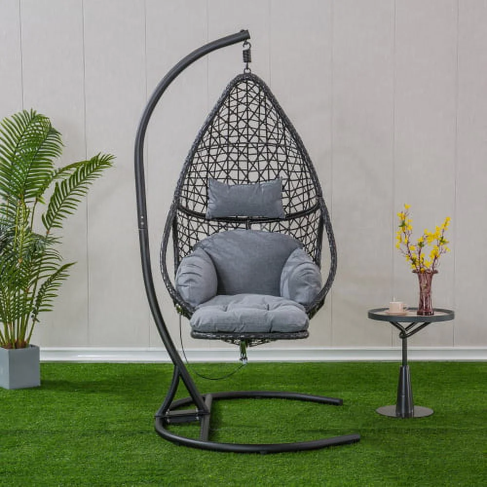 Buumin Patio PE Rattan Swing Chair With Stand and Leg Rest for Balcony, Courtyard