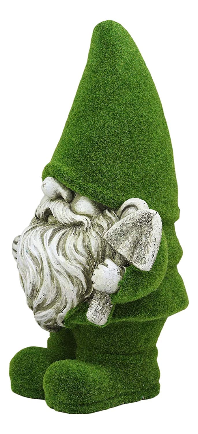 Large Whimsical Green Thumb Gnome With Shovel Garden Statue In Artificial Moss