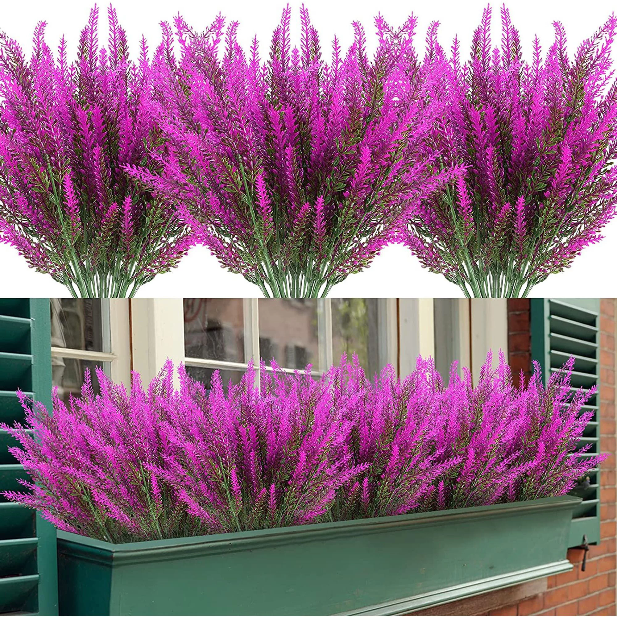 Deago 6 Bundles Artificial Lavender Flowers Outdoor UV Resistant Fake Flowers No Fade Faux Plastic Plants Garden Porch Window Box Decorating (Rose Red)
