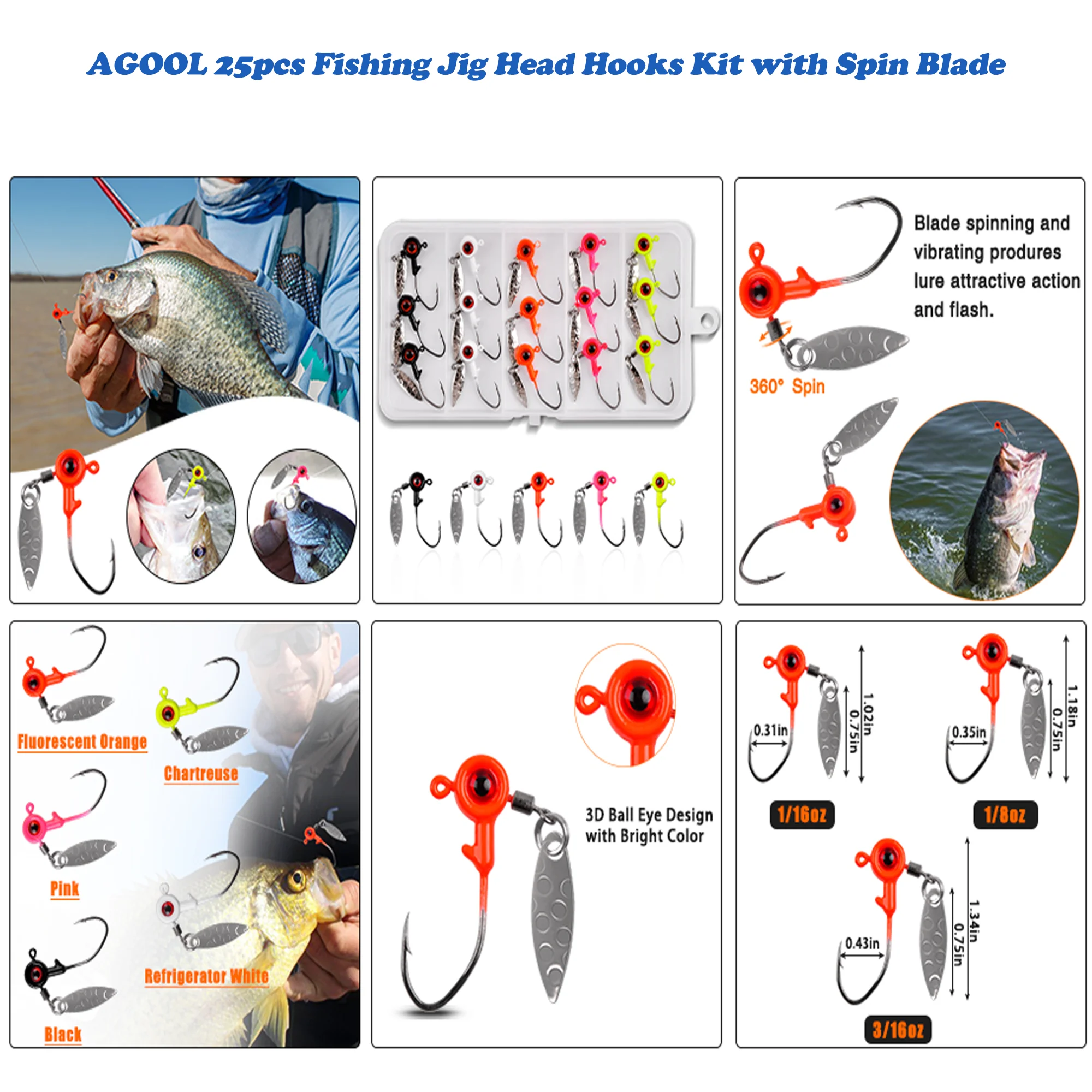 Crappie Fishing Jig Heads Kit,25pcs Underspin Lures Jig Head with Spin Blade Eye Ball Painted Jigs Hooks
