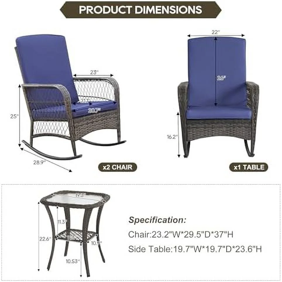JYHOME 3 Pieces Outdoor Wicker Rocking Chair Set  Wicker Bistro Sets with Cushion and Tempered Glass   PE Rattan Patio Rocker Chairs Set for Balcony  Lawn and Porch Poolside Grey