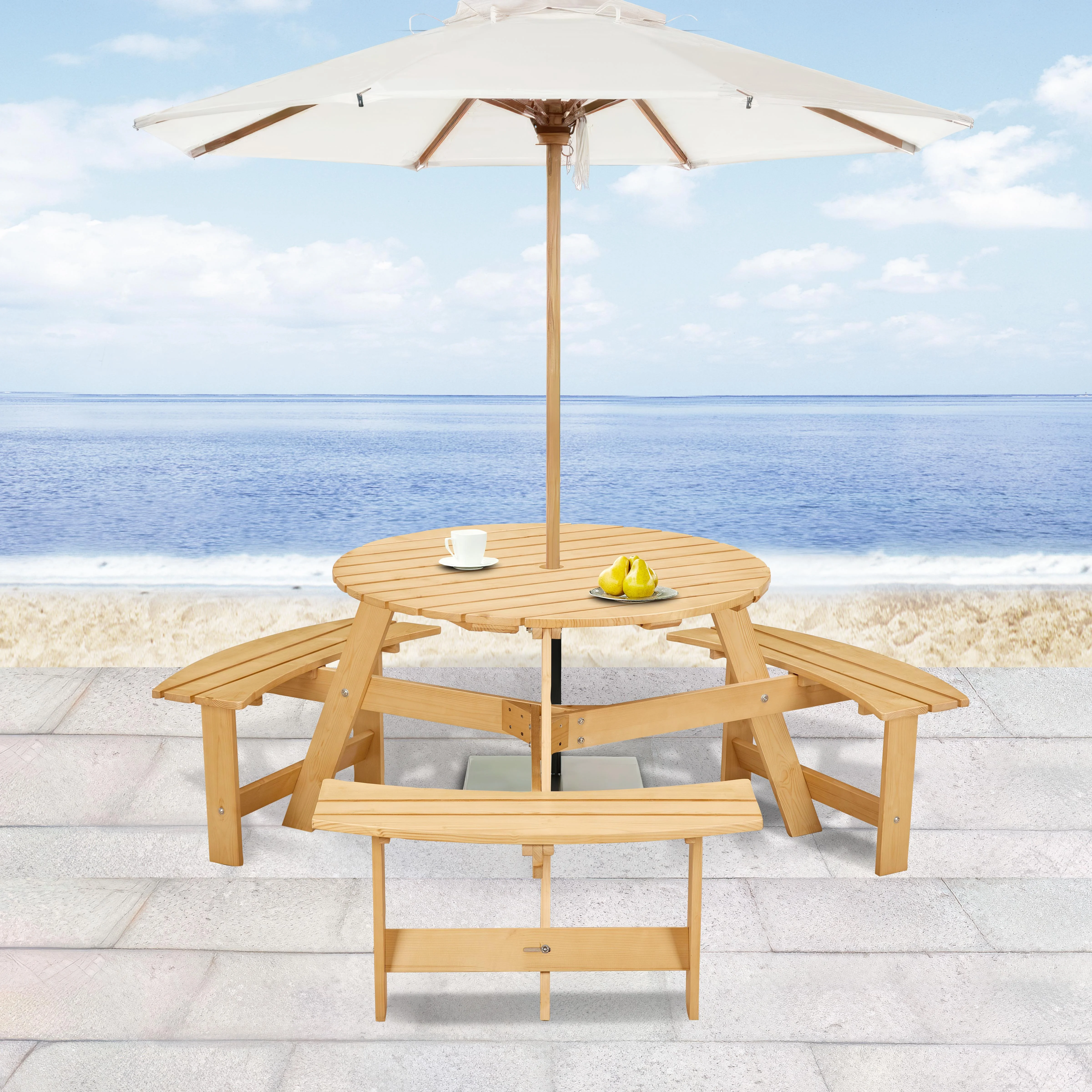 Glavbiku Outdoor 6 Person Picnic Table,Round Dining Table with 3 Built-in Benches,Umbrella Hole,Natural