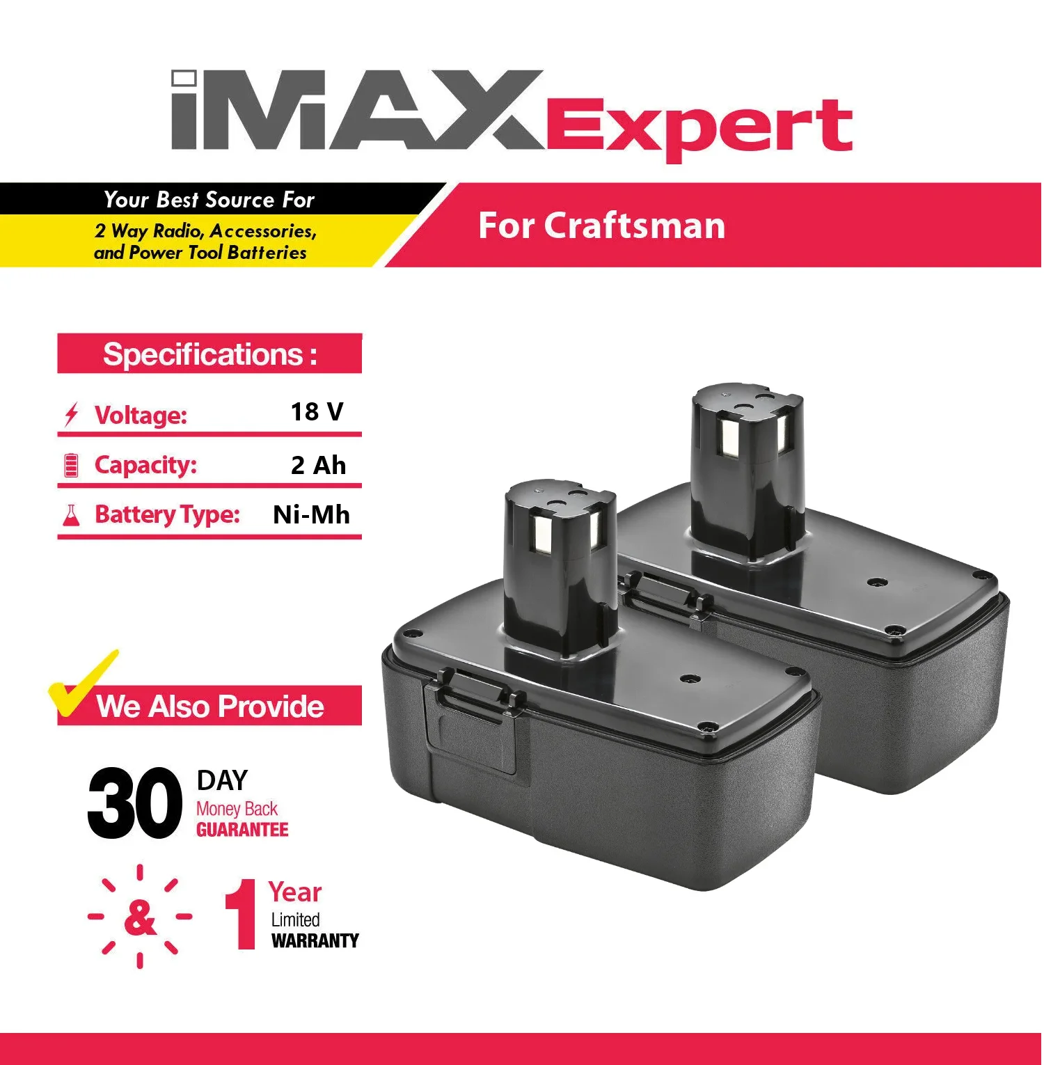 2x 18V 2Ah NiMh Battery for Craftsman 11098, 11103, 223310, 9-11103, 9111098