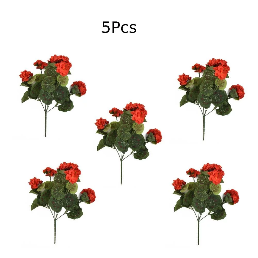 Ruibeauty 5Pcs Artificial Geraniums Silk Flowers Outdoor Home Decor Garden Plants Bush,Red, 14.4inch