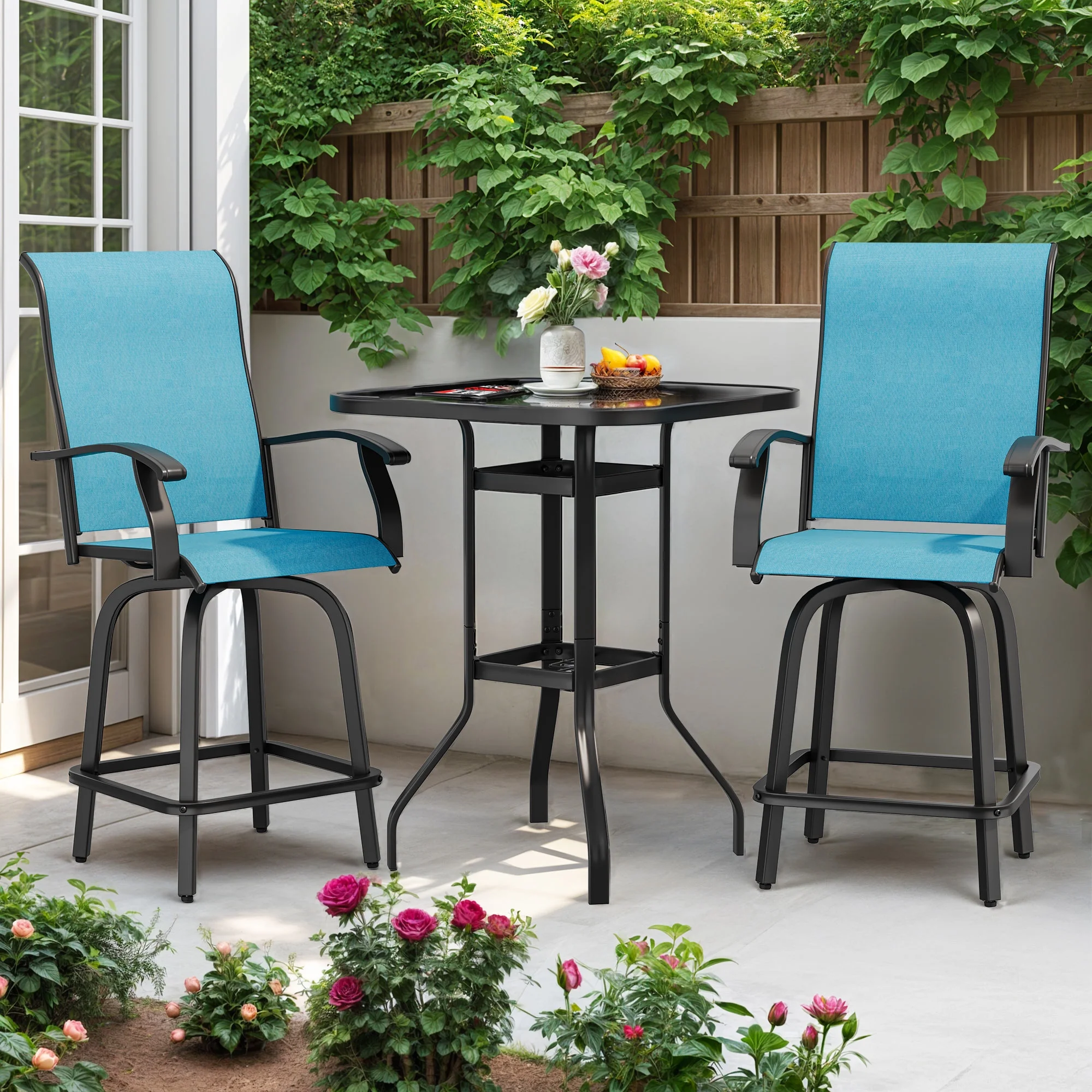 Wooflex High Back Swivel Bar Stools Set of 2, All Weather Outdoor Patio Swivel Chairs with Breathable Textilene and Metal Frame for Garden Backyard Deck, Blue