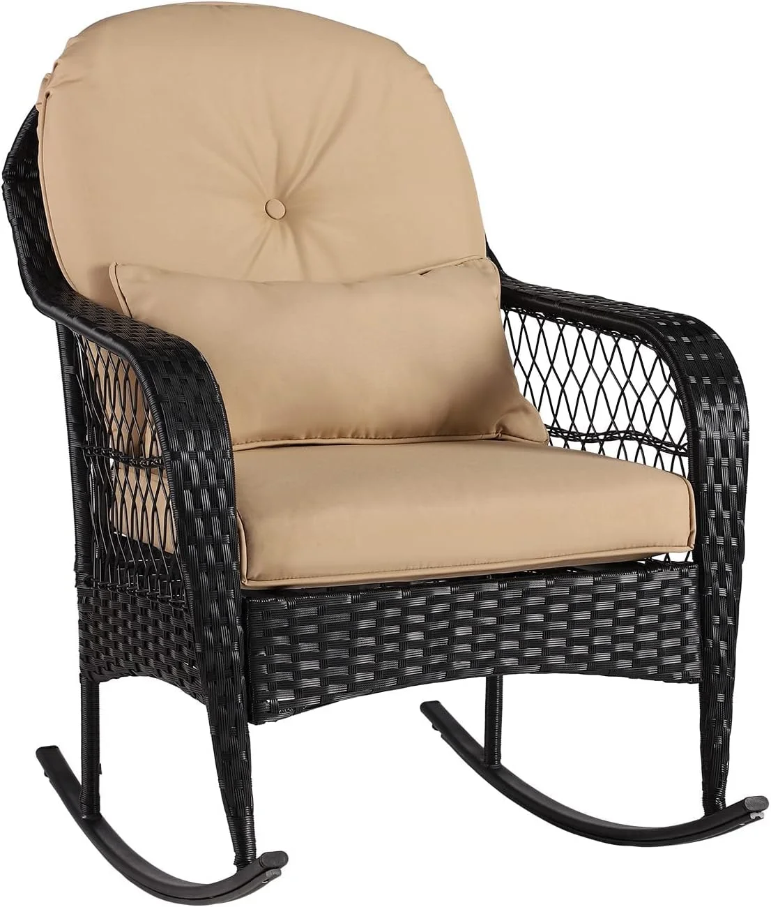 BAIJIAWEI B Outdoor Wicker Rocking Chair All Weather Wicker Rocker Chair with Cushions for Garden Patio Yard Porch Lawn Balcony Backyard (1PCS-Black Wicker-Khaki)