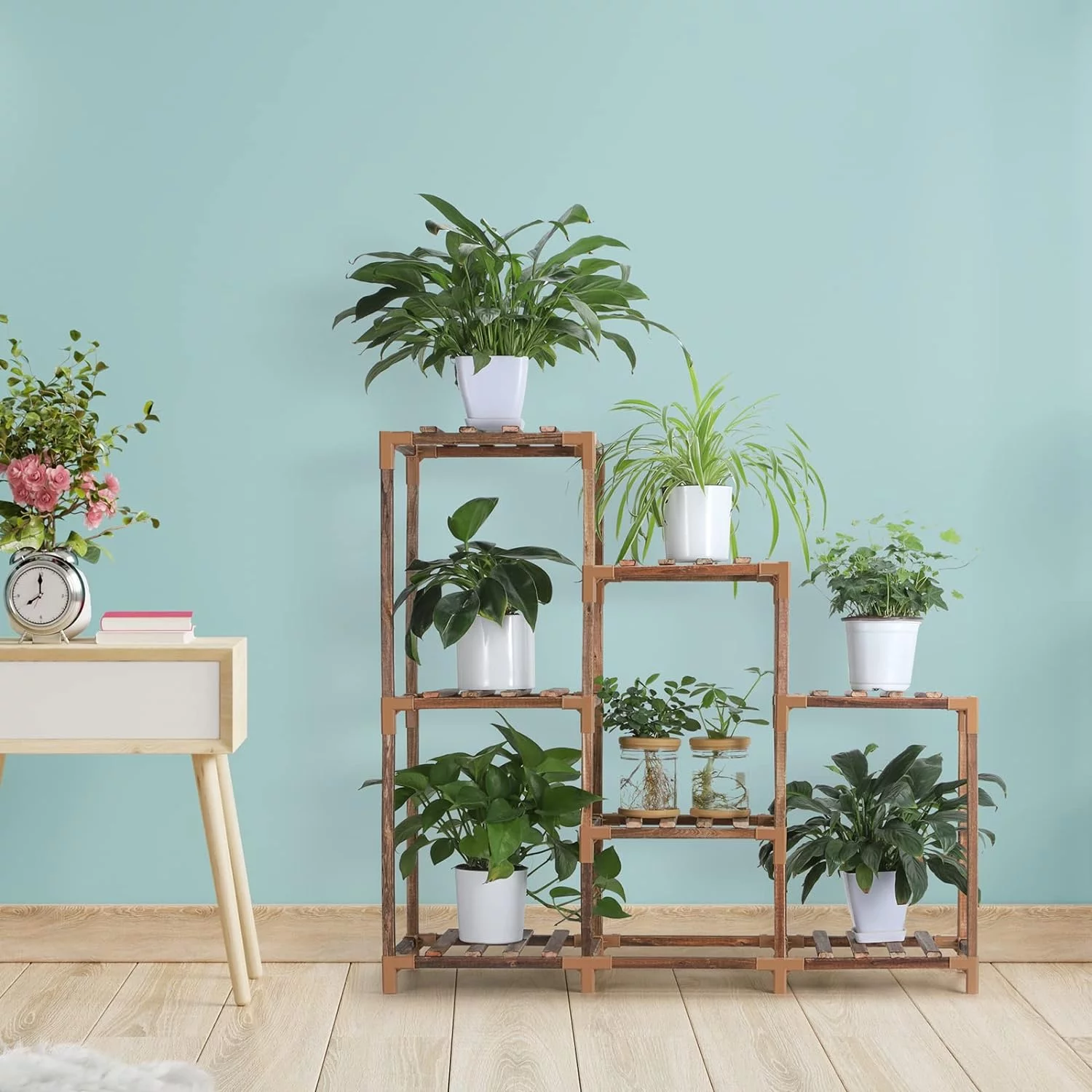 Indoor Plant Stand, Wooden Multi-Tier Plant Stand, 5-Tier Ladder and 7 Pots for Windows, Garden, Balcony and Living Room Ladder Model