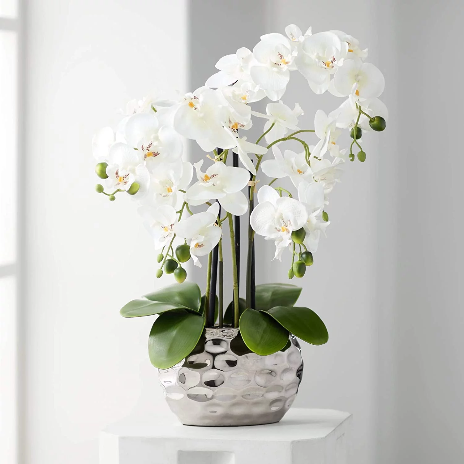 Potted Faux Artificial Flowers Arrangements Realistic White Phalaenopsis Orchid in Silver Pot Home Decoration Living Room Office Bedroom Bathroom Kitchen Dining Room 23