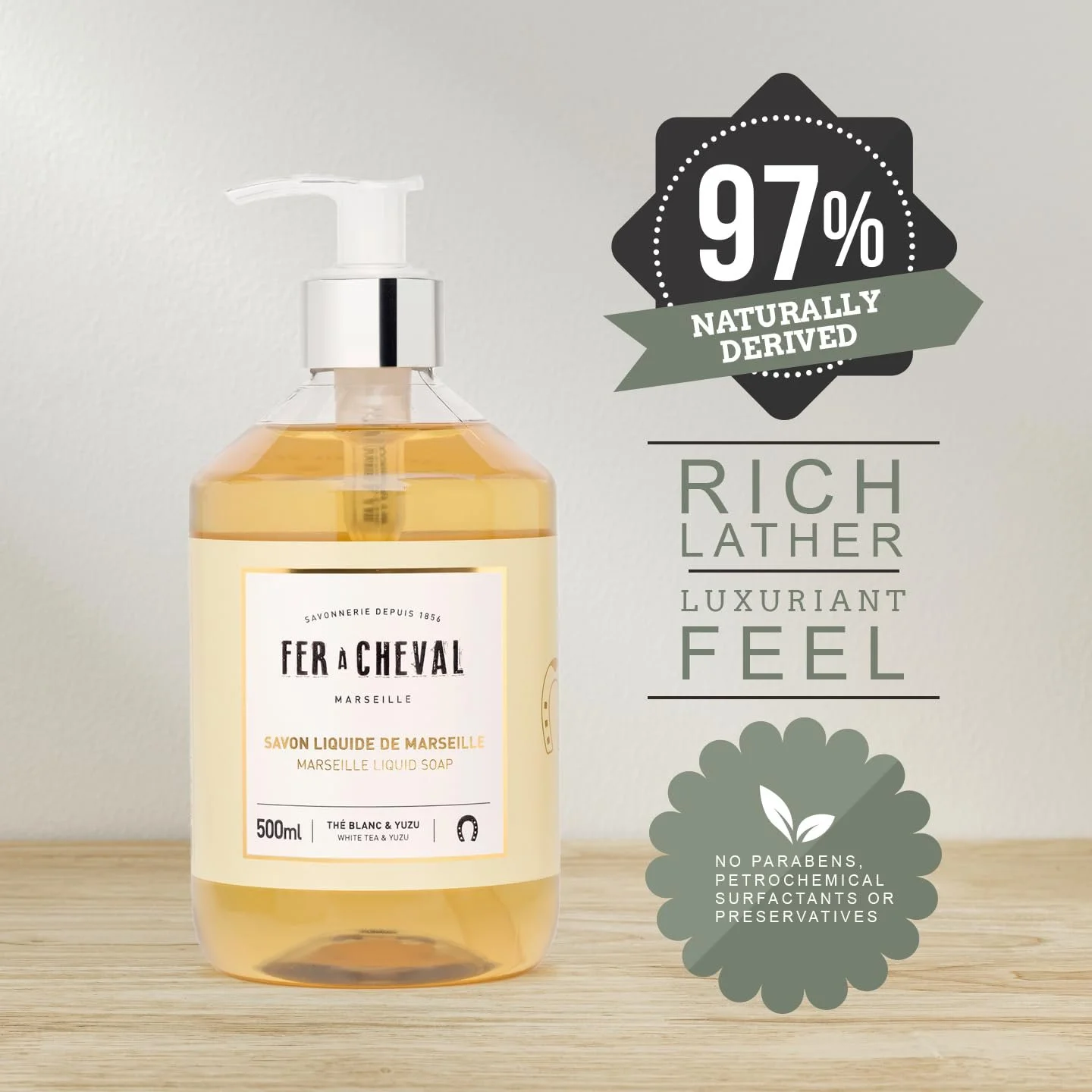 Fer  Cheval White Tea & Yuzu Marseille Liquid Soap  Shea Butter & Sweet Almond Oil, Luxurious Hydration, 97% Natural Ingredients - Set of 2