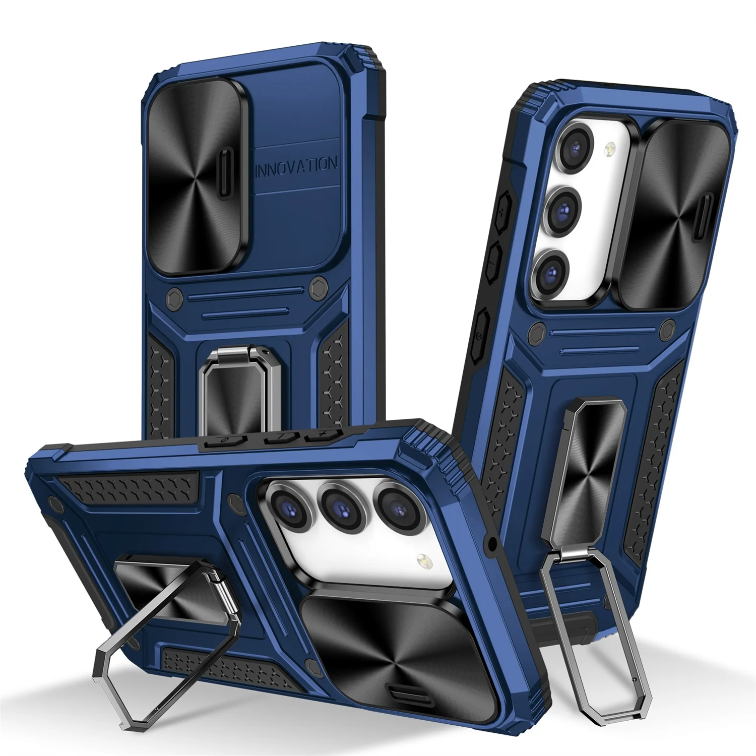 SaniMore for Samsung Galaxy S23 FE Stand Case, Slide Camera Cover 360 Degree Rotating Kickstand Magnetic Car Mount Hybird Tri-layer Rugged Shell Military-grade Shockproof Anti-drop Cover, Navyblue