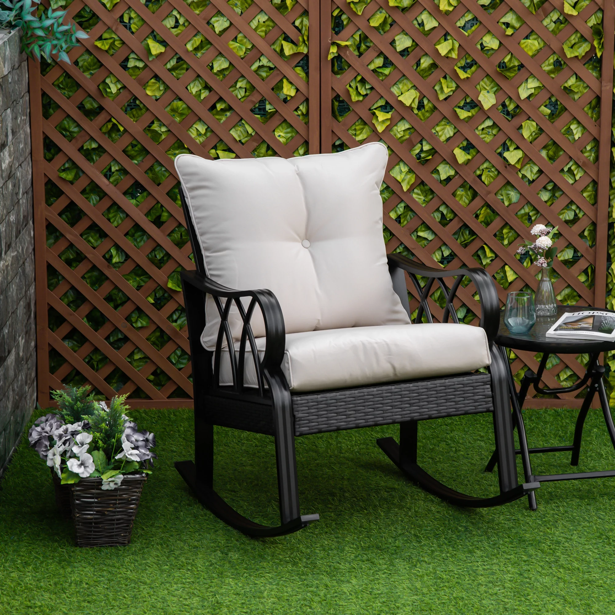 Outdoor Wicker Rocking Chair, PE- Patio Rattan Rocking Chair, High Back, Cushion, Pillow