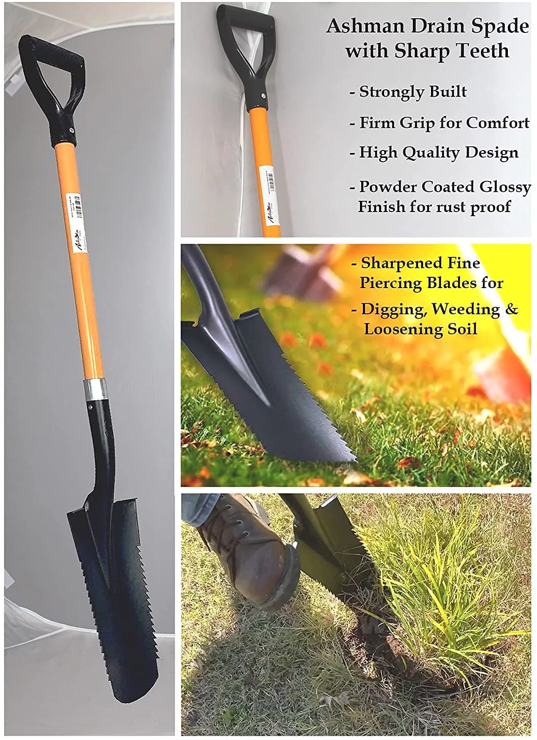 Ashmanonline Drain Spade Teeth - 41 inches Long Fibreglass Handle – Orange Metal Shovel (2 Pack)