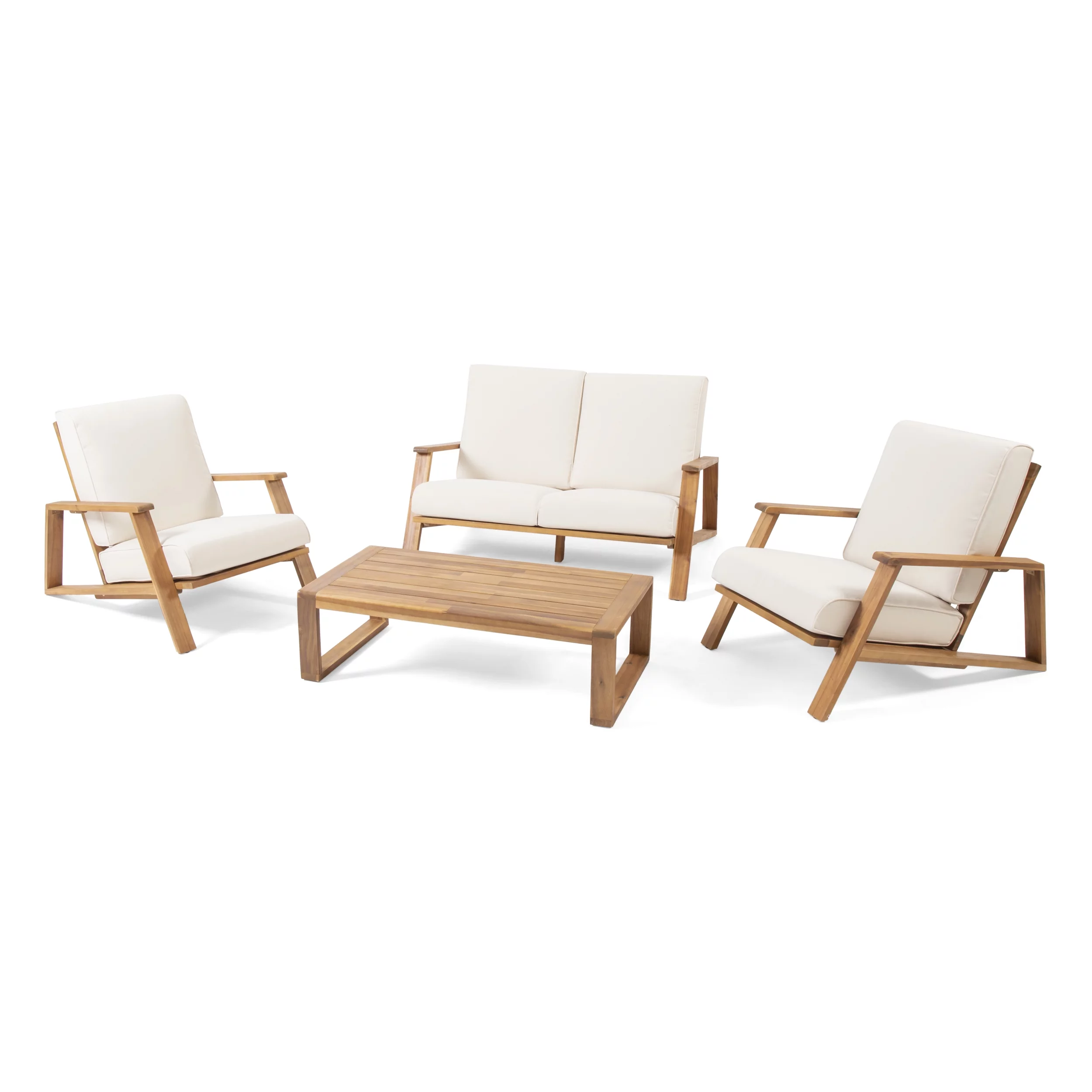 Reyna Outdoor Acacia Wood 4 Seater Chat Set with Cushions, Teak, Beige