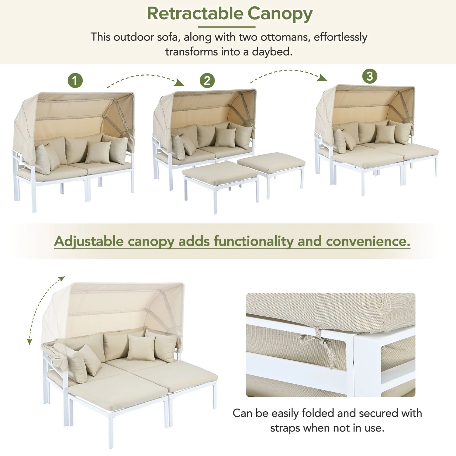 Comfortable Beige Patio Daybed with Retractable Canopy for Cozy Outdoor Relaxation - TOPMAX 3-Piece Metal Sectional Sofa Set Sun Lounger with Cushions  Perfect for Backyard  Porch  and Po