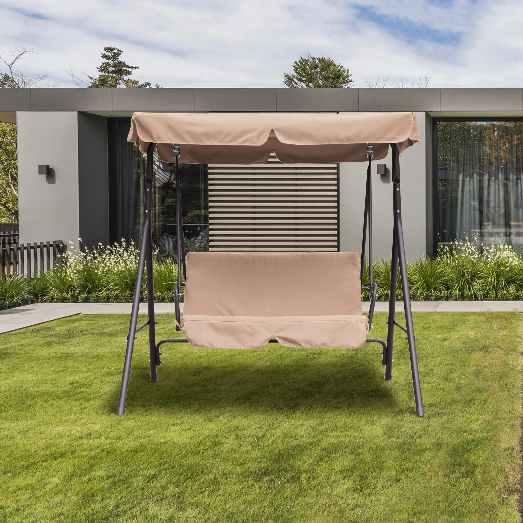 Boyel Living Outdoor Patio Swing Chair, 2-Seat Steel Frame Porch Swing with Canopy, Khaki