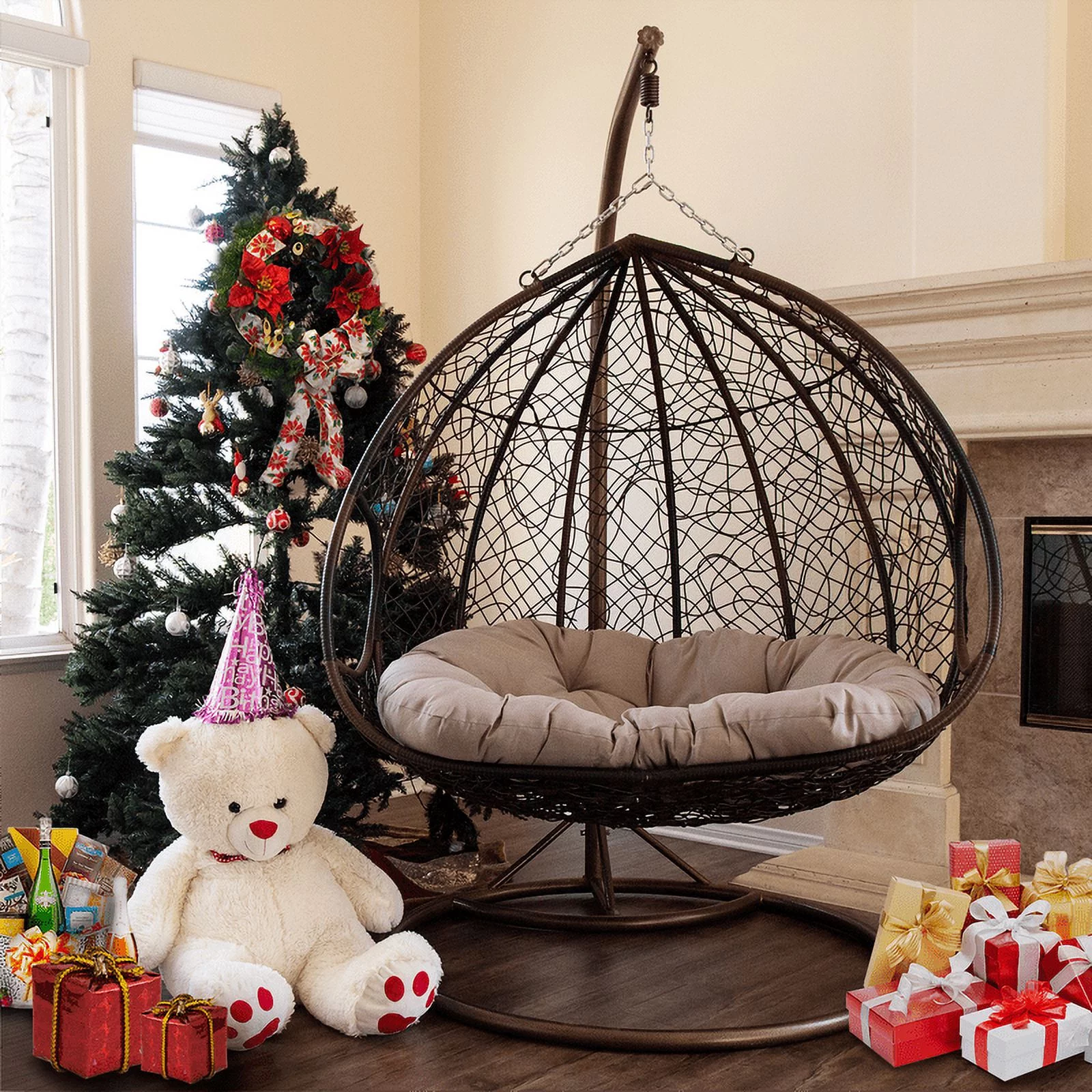 Double Seats Outdoor Wicker Swing with Gray Cushion & Frame Outdoor Wicker Seating