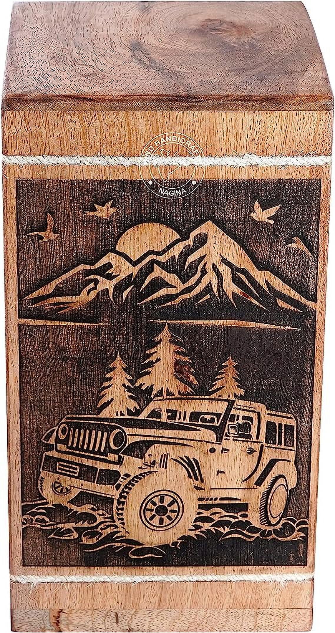 Handcrafted Car Wooden Urns for Human Ashes Adult Large - Rising Sun Mountain Cremation Urn for Ashes - Burial Urn for Columbarium - Funeral Urn Box (250 LB - Hardwood, Design-2)