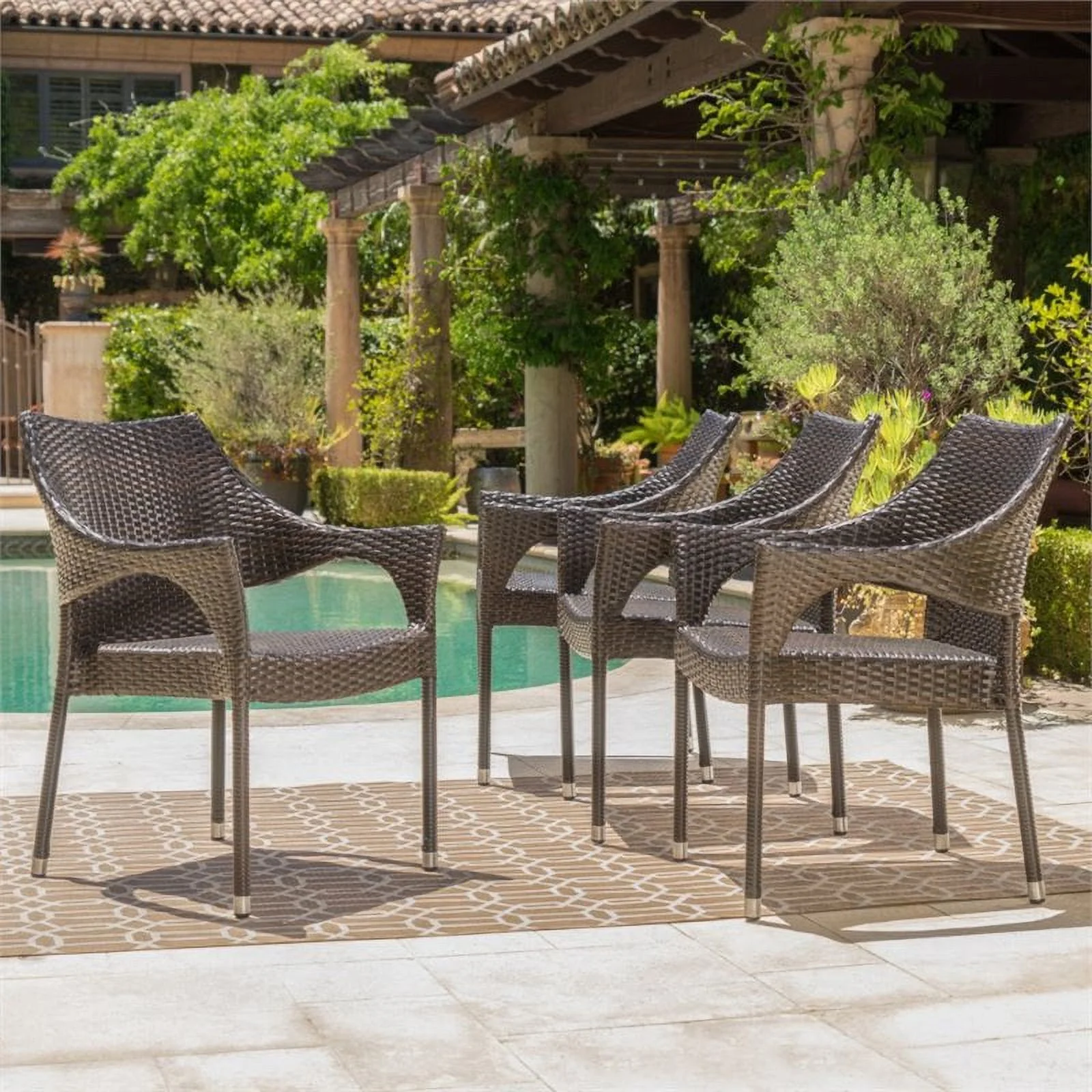 Noble House Mirage Wicker Stacking Patio Dining Arm Chair in Mocha (Set of 4)