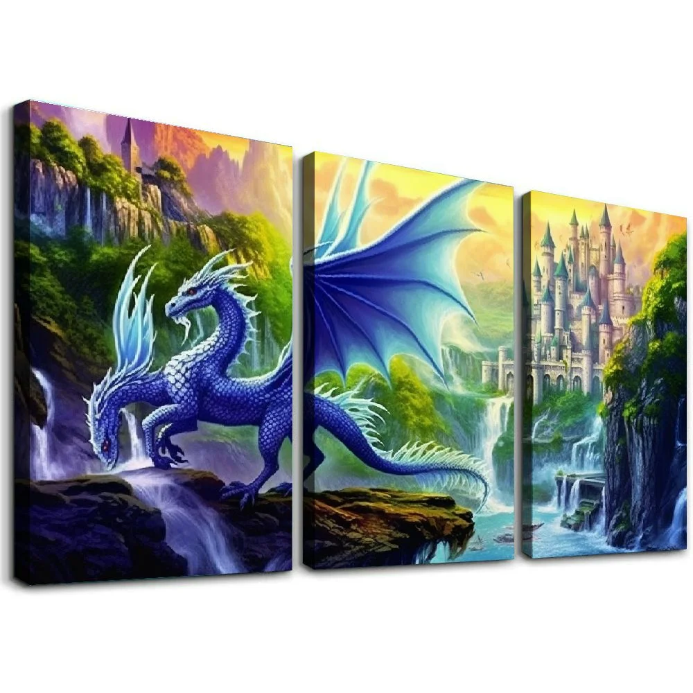 Jiayy Dragon Waterfall Fantasy Art Wall Decor Canvas Print 12x16in x3 Ready to Hang 12x16x3pcs