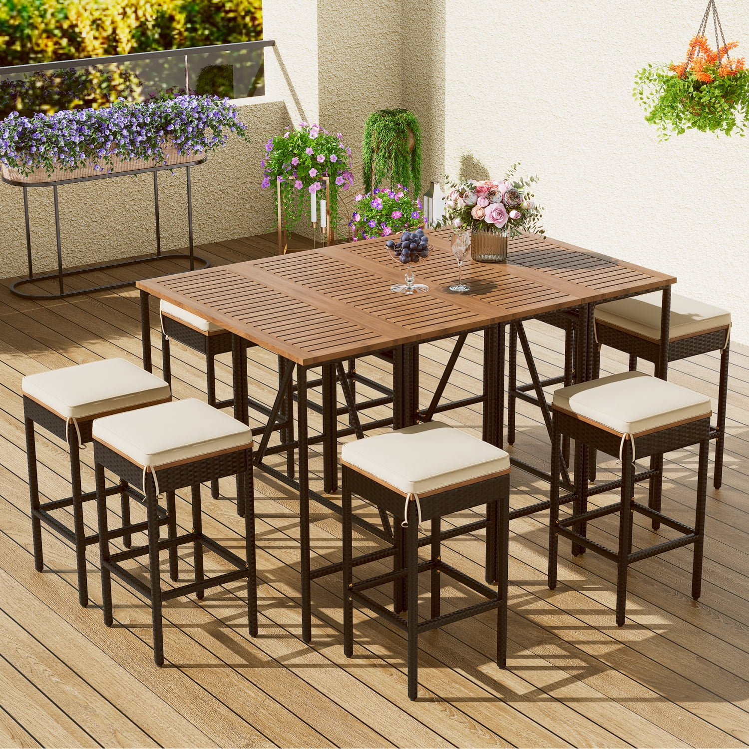 GO 10-Piece Outdoor Acacia Wood Bar Height Table And Eight Stools With Cushions  Garden PE Rattan Wicker Dining Table  Foldable Tabletop  High-Dining Bistro Set  All-Weather Patio Furnitu