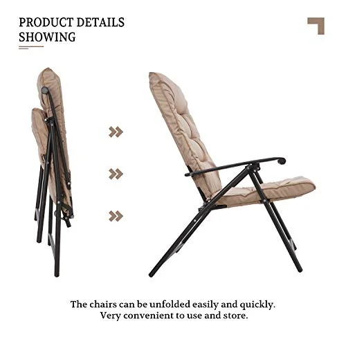 SUNCROWN 3-Piece Outdoor Furniture Patio Padded Folding Chair Set Patio Bistro Set Foldable Adjustable Reclining Lounge Chair with Coffee Table, Khaki