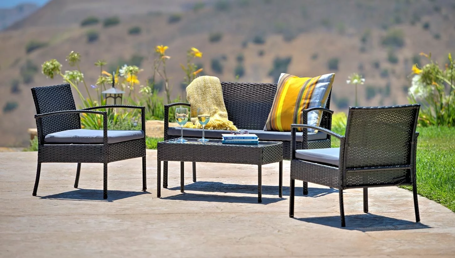 Incadozo 4-Piece All-Weather Wicker Patio Conversation Set, Black with Gray Cushions