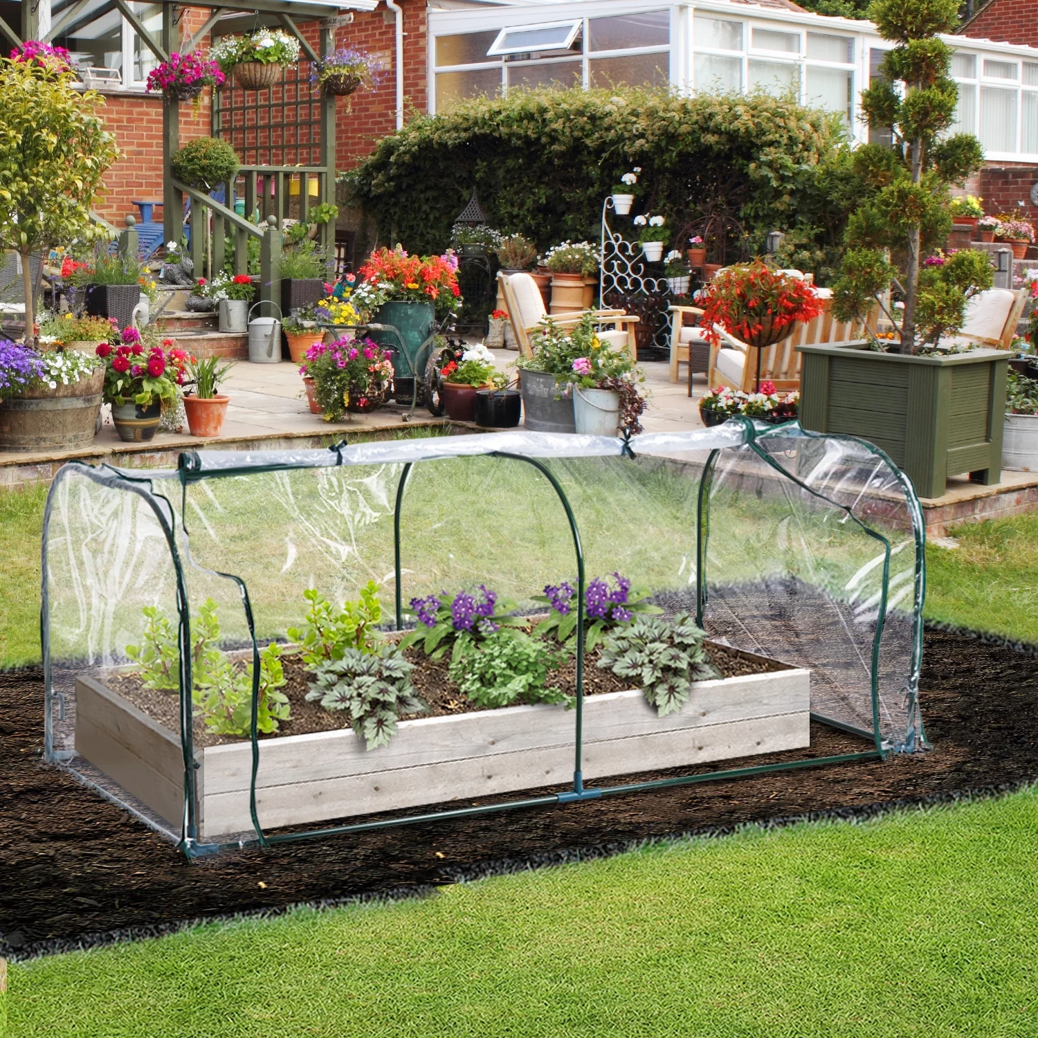Outsunny Portable Mini Cloche Greenhouse with Zipper Doors, 7' L x 3' W x 2.5' H, Waterproof UV Protected Cover