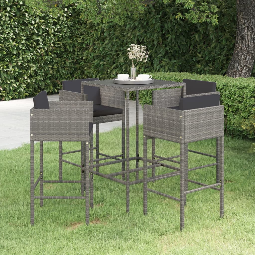5 Piece Patio Bar Set with Cushions Poly Rattan Gray