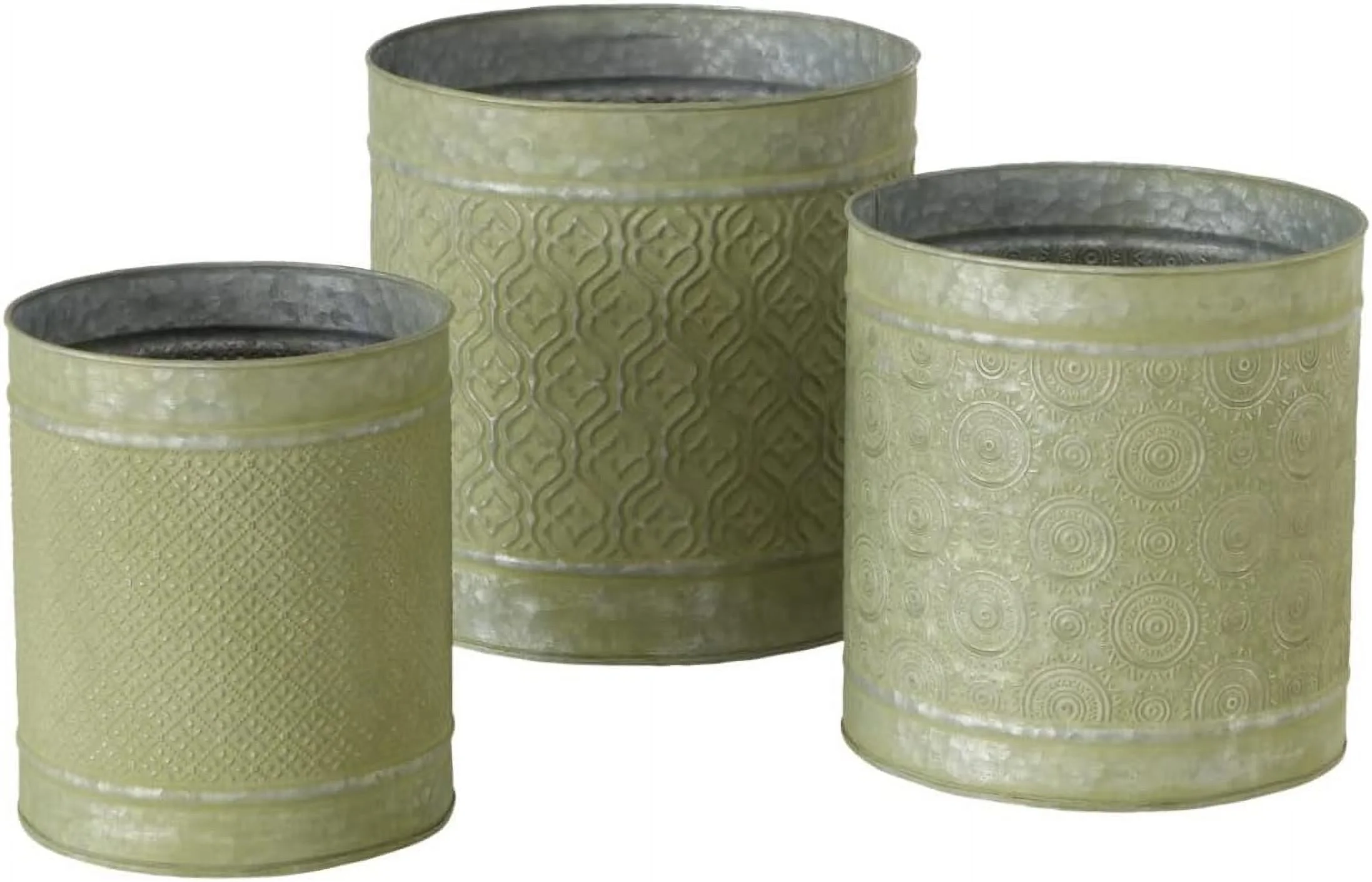 Boho Shabby Style Round Planters, Set of 3, Embossed Mandala Daisy Patterns, Grey with Green Patina, 10.75, 9.75, and 8.75 Inches, Cache Pots
