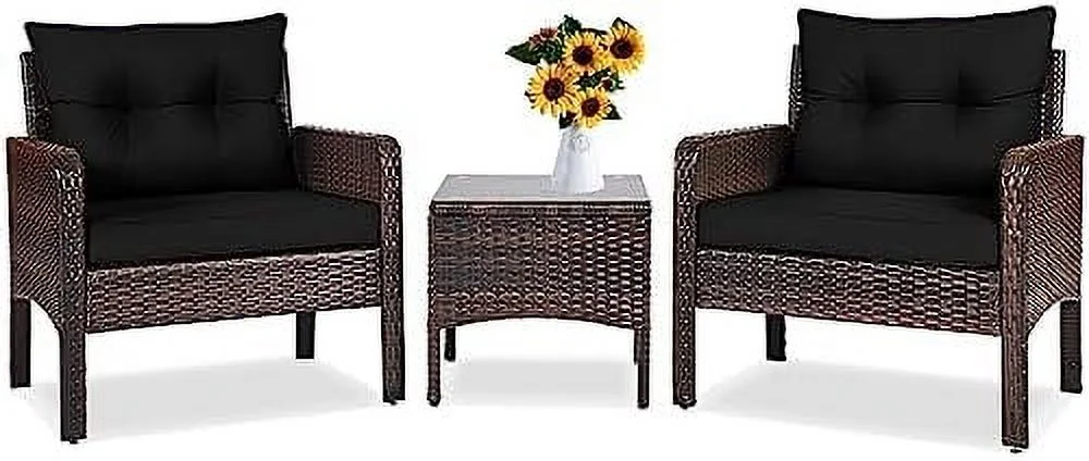 HBLUKDL 3 Piece Patio  Set  Outdoor Rattan Sectional Sofa Set with Seat Cushions  Modern  with Coffee Table & Chairs  Wicker Conversation Set for Garden Balcony Poolside  Red