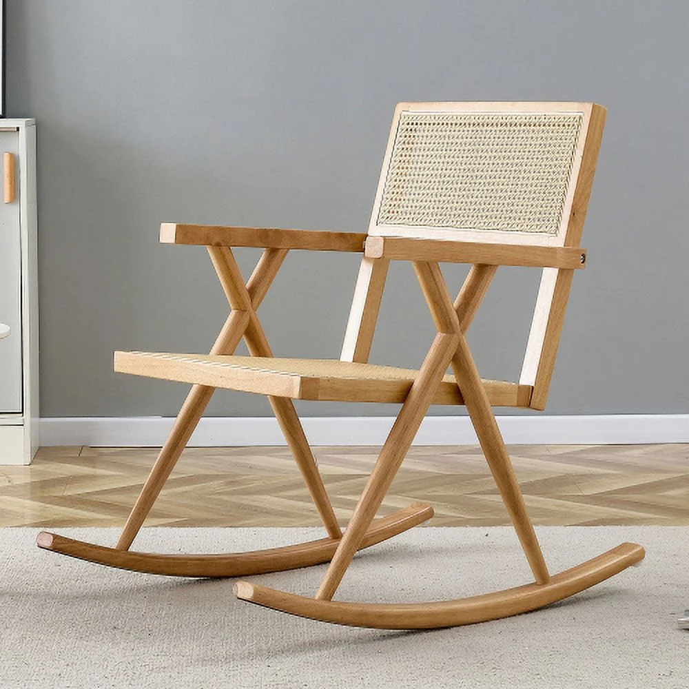 GUIOIHDC Solid wood+imitation rattan rocking chair allows you to relax quietly indoors and outdoors  enhancing your sense of relaxation  suitable for balconies  gardens  and camping sites