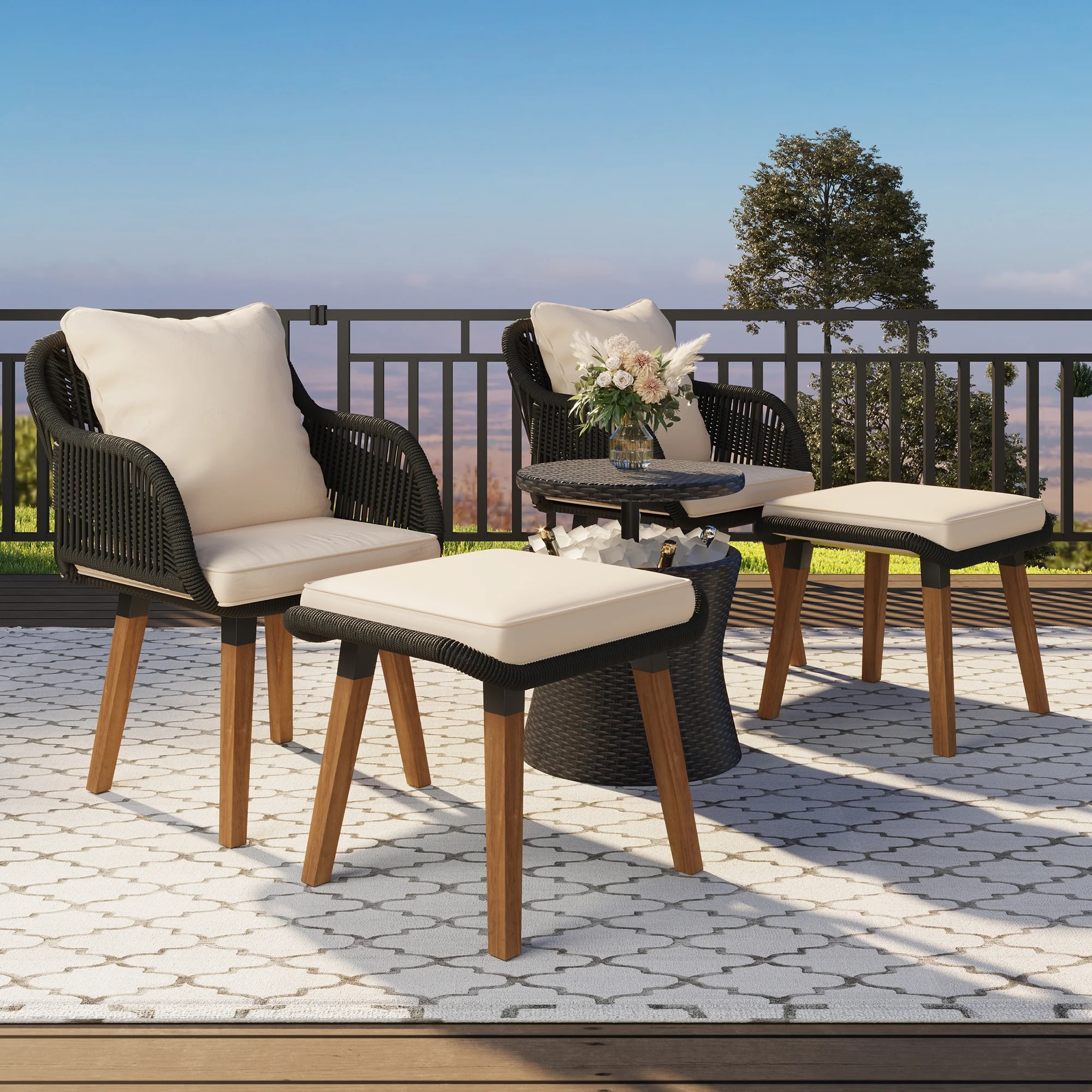 Smart FENDEE 5 Pieces Patio Furniture Conversation Set with Wicker Cool Bar Table and 2 Chairs,Beige