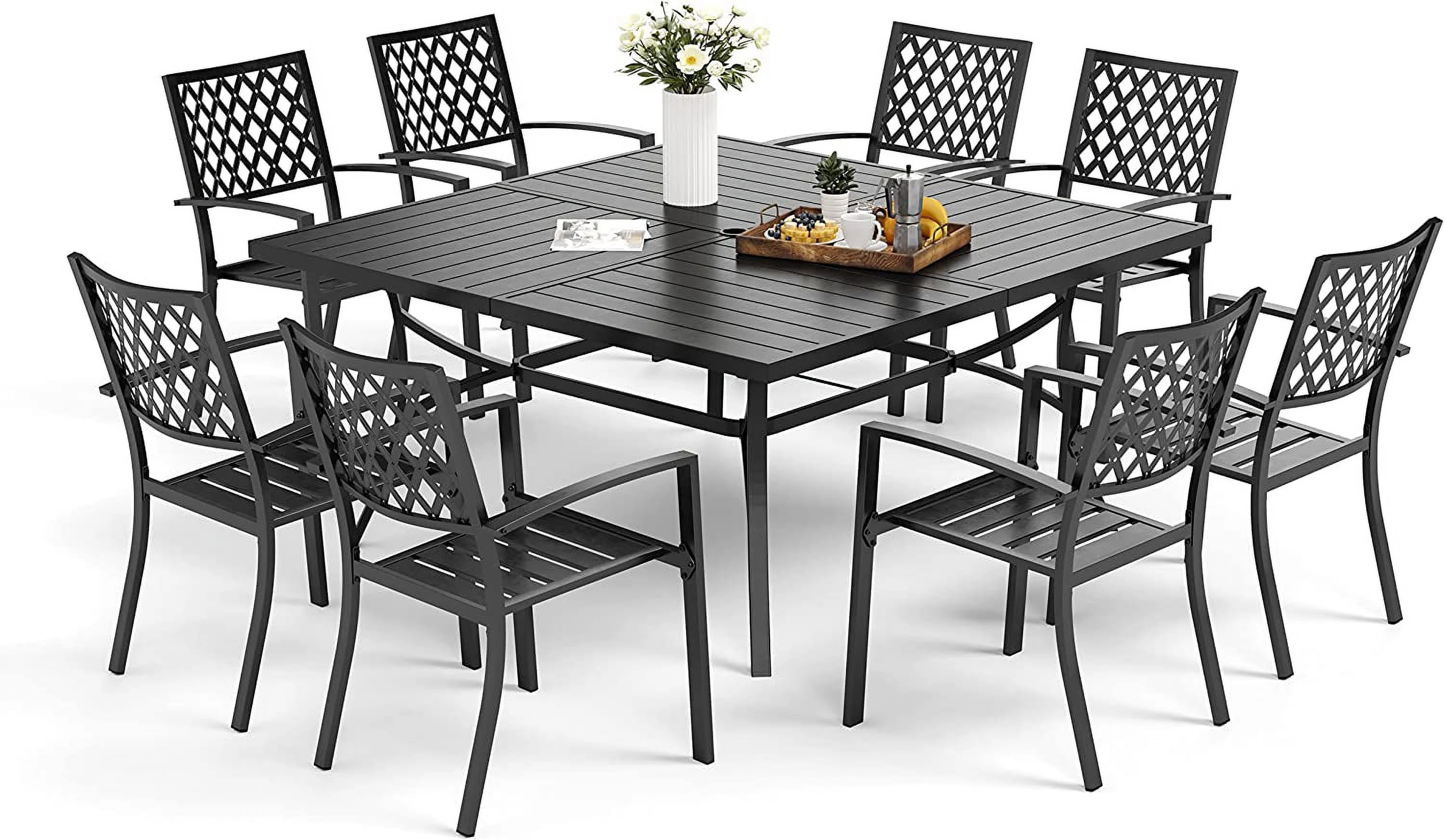 9 PCS Outdoor Patio Dining Set  8 Metal Chairs and 1 Square Dining Table with 1.57" Umbrella Hole Furniture Sets for Lawn Backyard Garden