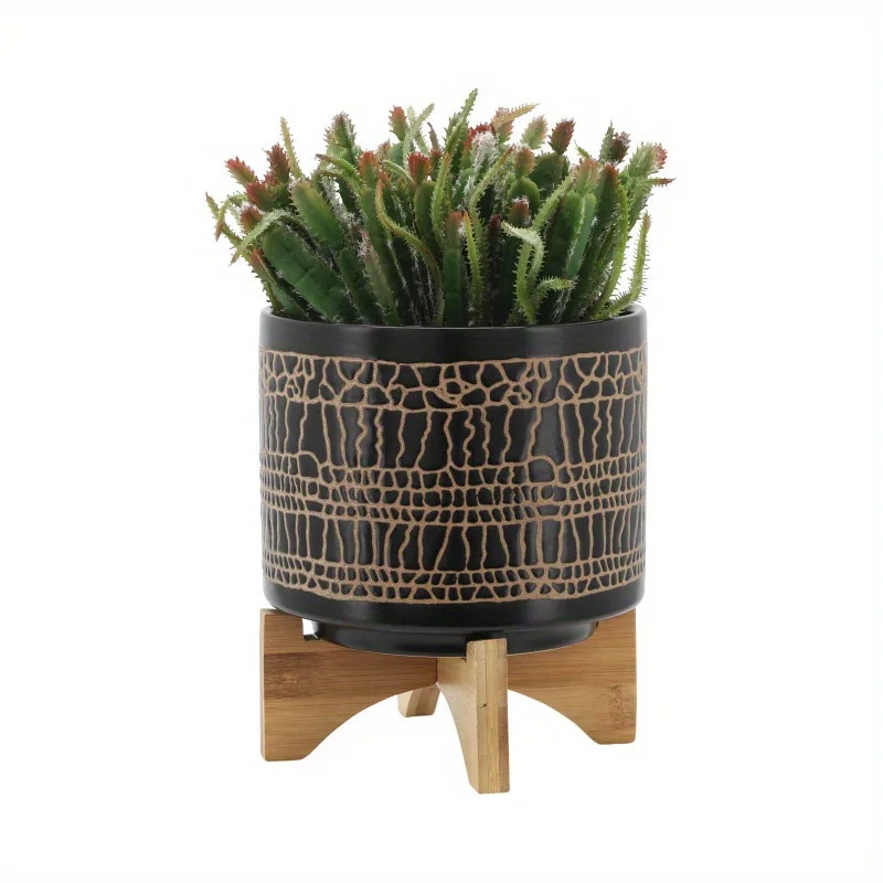 Glazed Planter W/Stand, Black