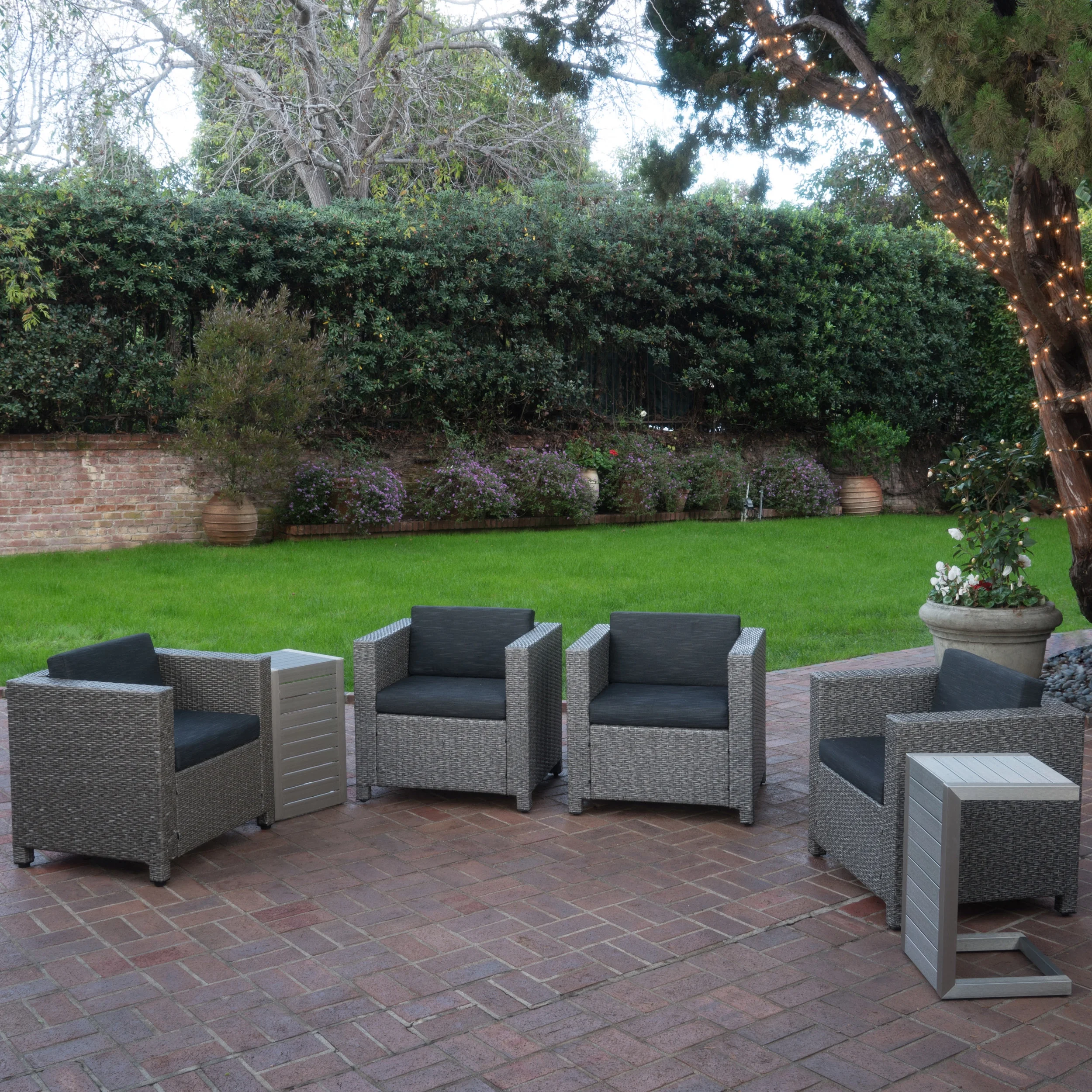 Cascada Outdoor 6 Piece Wicker Club Chairs with Cushions and Aluminum C-Shaped Tables, Dark Grey, Mixed Black