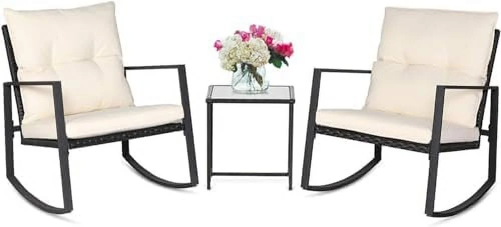 SJOPLMN 3-Piece Patio  Outdoor Rocking Chairs Set Black Wicker Porch Chairs with Glass Coffee Table  Beige Cushion