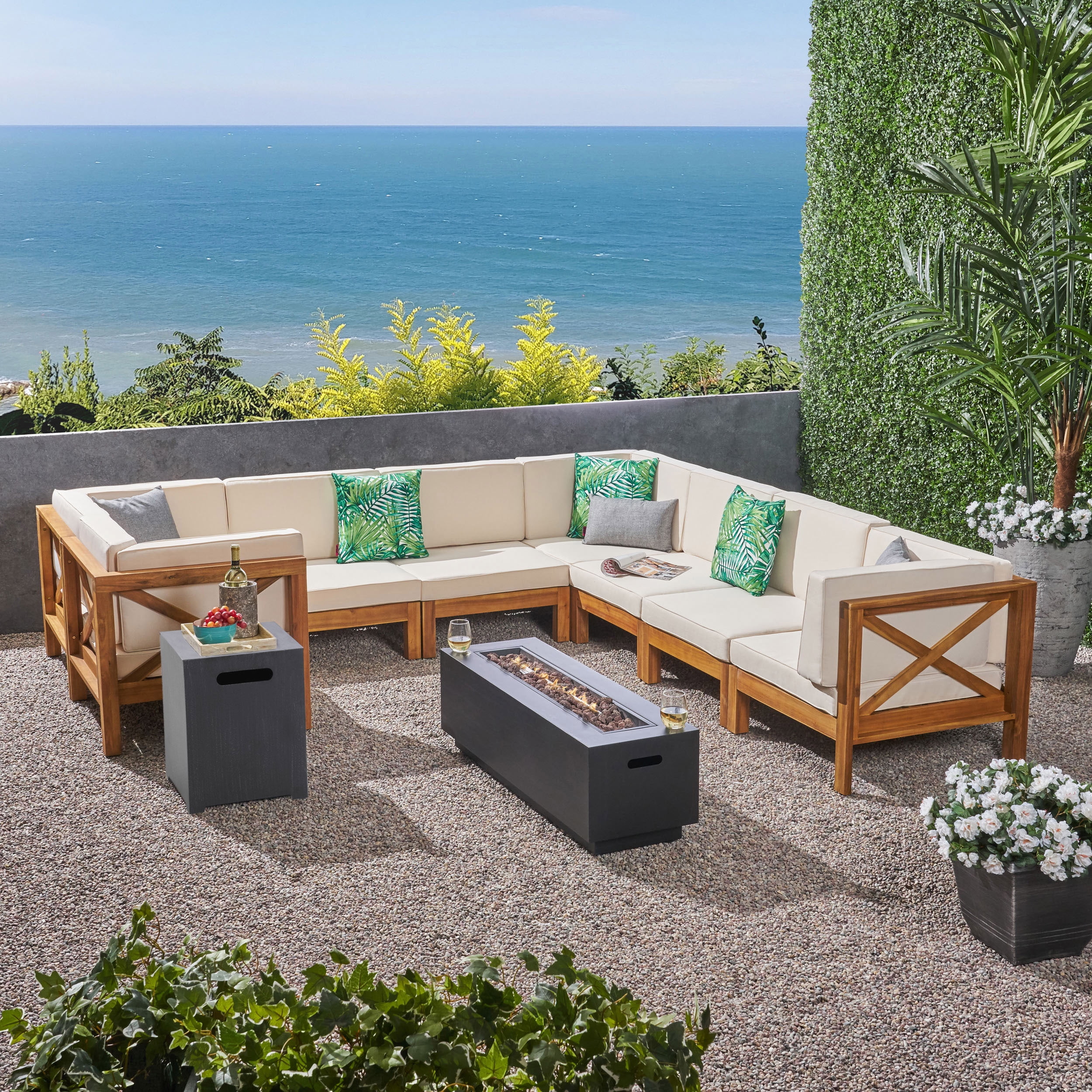 Kobe Outdoor 10 Piece Acacia Wood Sectional Sofa Set with Cushions and Fire Pit, Teak, Beige, Dark Gray