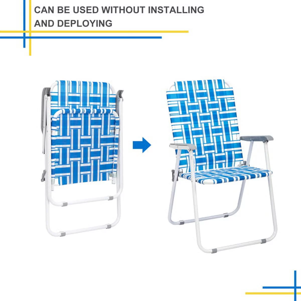 Fithood 2pcs Steel Tube PP Webbing Bearing 120kg Folding Beach Chair Blue& White Strip