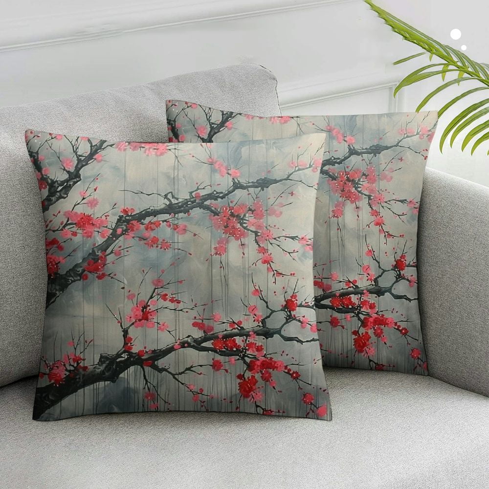 Acheng Vintage Floral Throw Pillow Covers Set of 2 Plum Flower Cherry Blossoms Wood Rustic Asian Country Style Blue Soft Square Decor for Indoor Outdoor Home Patio Couch Sofa Cushion Cover White