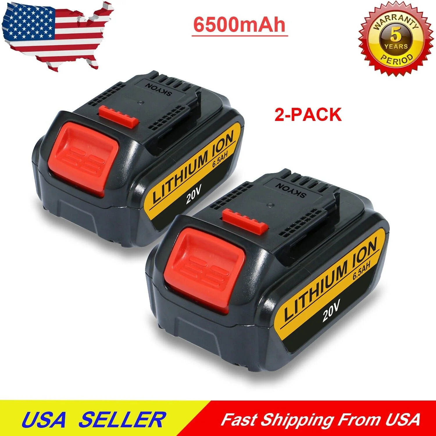 2X For DeWalt 20V 20Volt Max XR 6.5AH Lithium Ion Battery DCB204-2 DCB206 DCB205