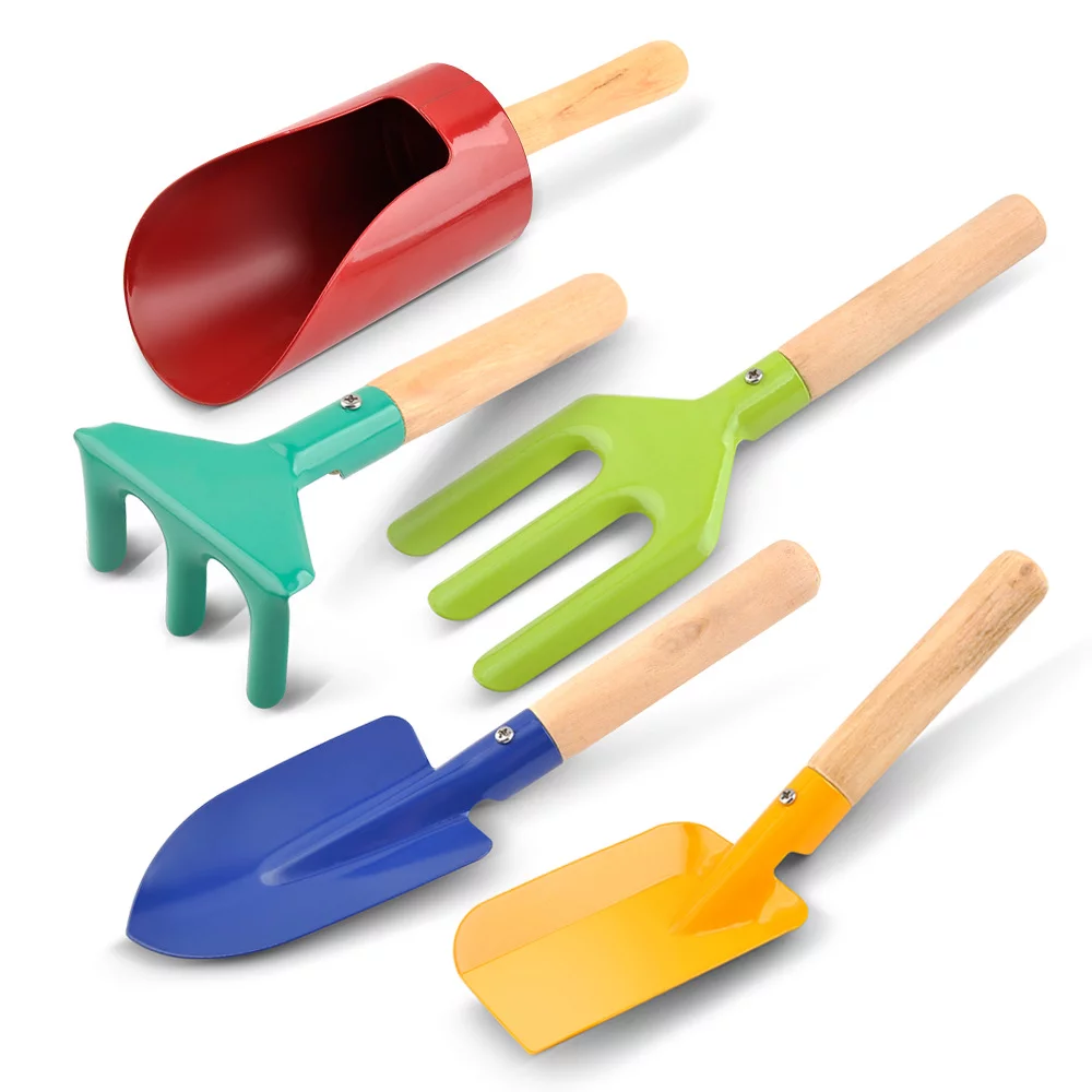 5 Piece Kids Beach Tools,Children Beach Sand Toys, Made of Metal with Sturdy Wooden Handle,Safe Beach Gardening Set, Fork, Trowel, Rake & Shovel for Kids