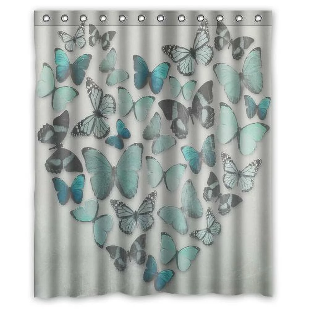 GreenDecor Butterfly Waterproof Shower Curtain Set with Hooks Bathroom Accessories Size 60x72 inches