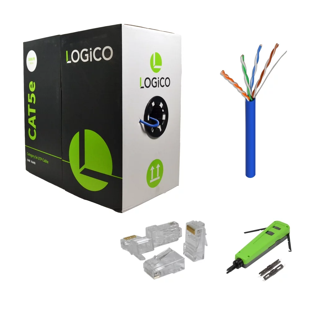 Cat5e UTP Riser CMR Cable 1000FT Blue + Punch Down Tool + 100 Piece Cat5e RJ45 Plugs Kit