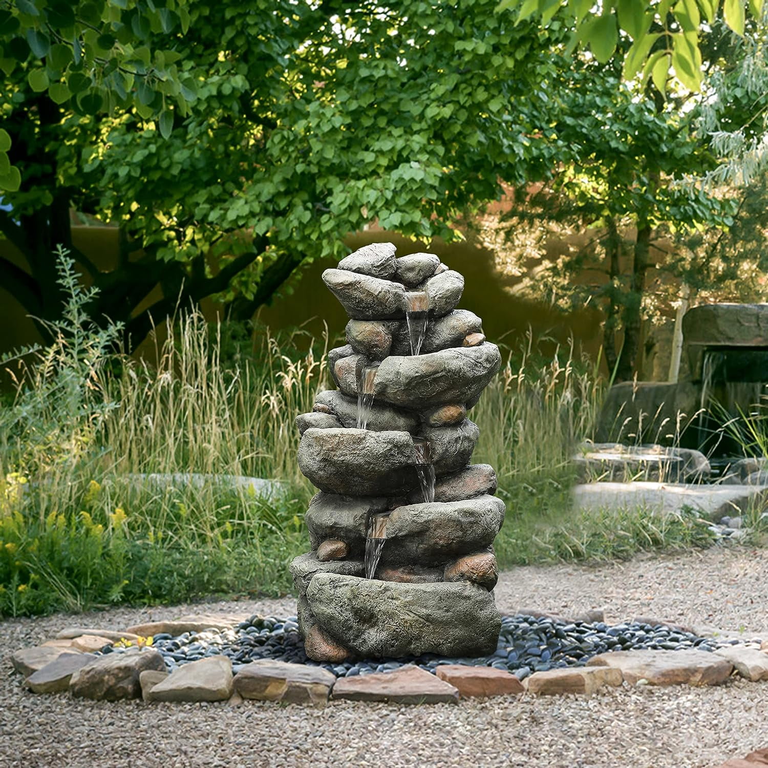 Resin Cascading Rock Outdoor Fountain, Floor Stacked Waterfall Fountain 4 Layer Garden Decorative Fountain for Backyard Courtyard