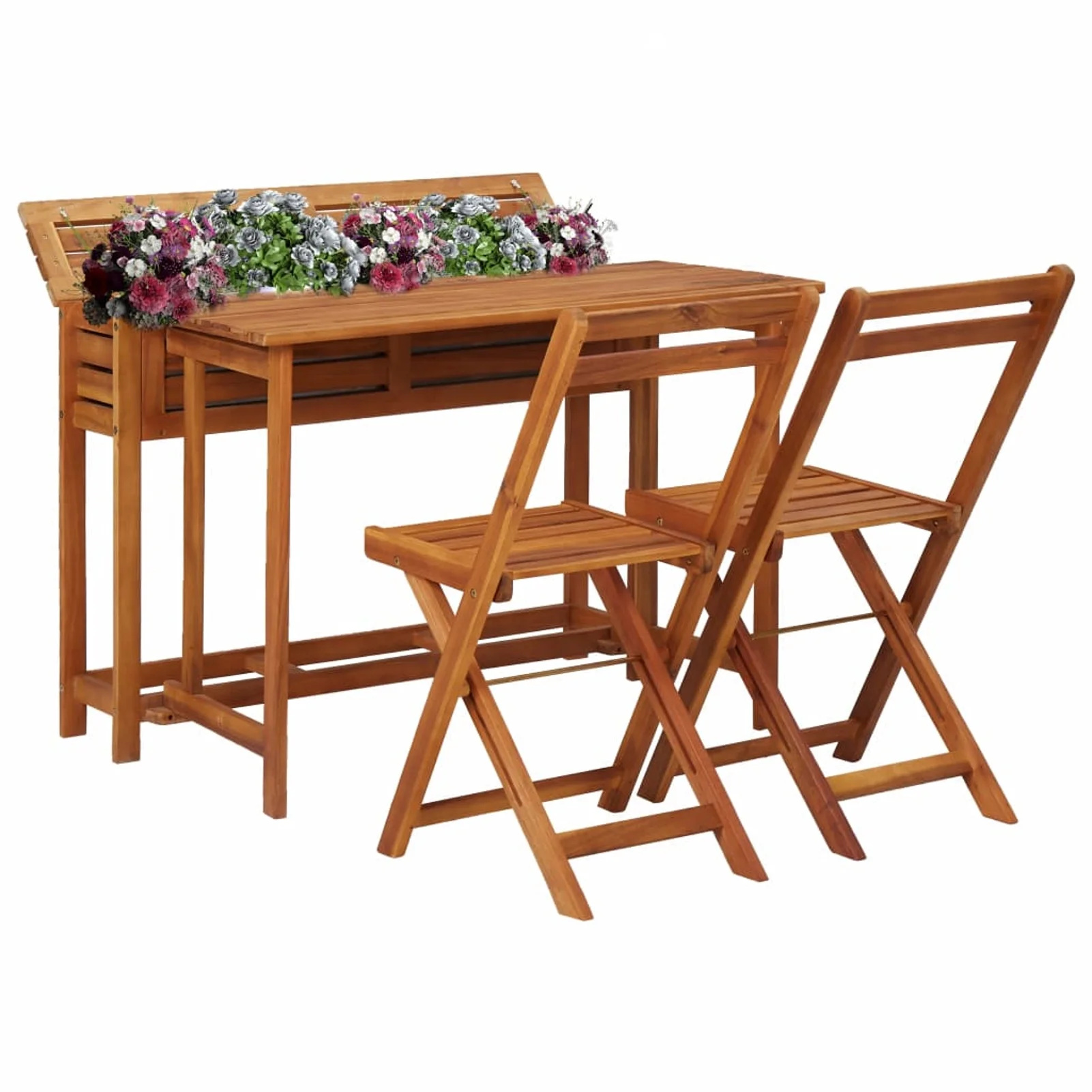 Dcenta Balcony Planter Table with 2 Bistro Chairs Solid Acacia Wood