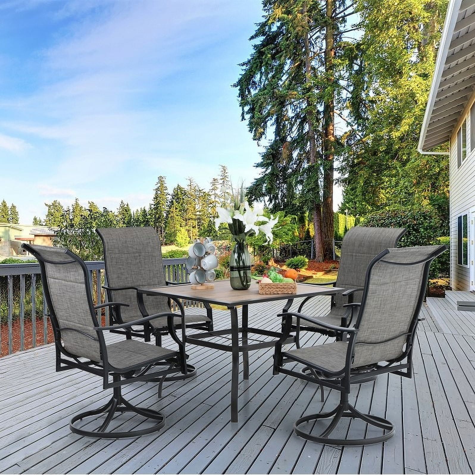 Patio Dining Set , 4/6  Textilene Chairs and 1 Wood-like Table with Umbrella Hole +Swivel Chairs 37