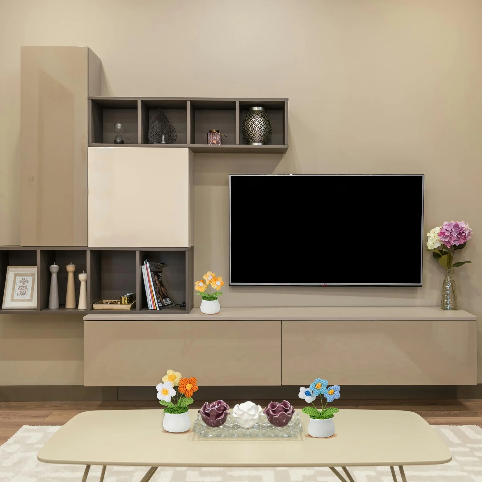 Uxcell Crochet Flowers Potted, 2 Head Rose Flower Handmade Knitted Mini Potted Plants, Red